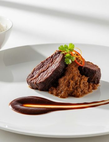 Rendang daging kering disajikan dengan nasi