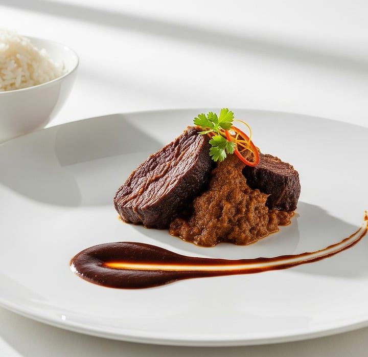 Rendang daging kering disajikan dengan nasi